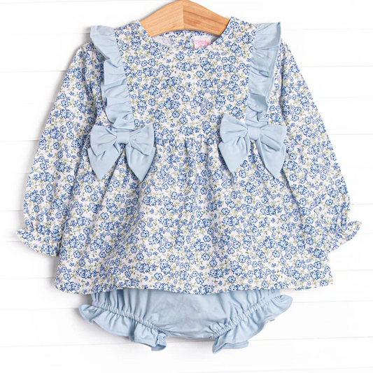 (Custom Design Preorder MOQ 5 ) Blue Flowers Tunic Top Shorts Baby Girls Bummie Set