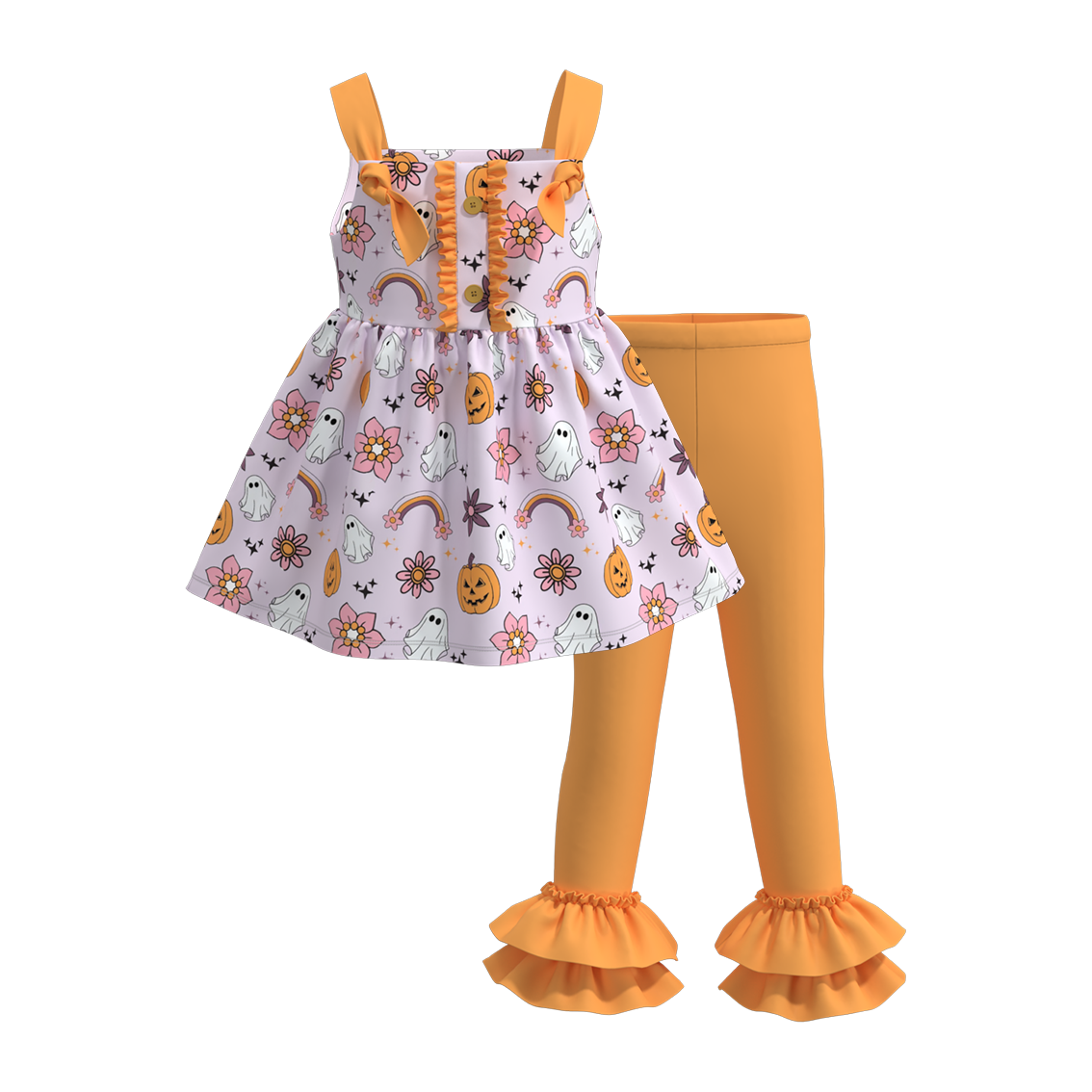 (Custom Design Preorder MOQ 5) Ghost Pumpkin Flowers Tunic Top Orange Pants Girls Halloween Clothes Set