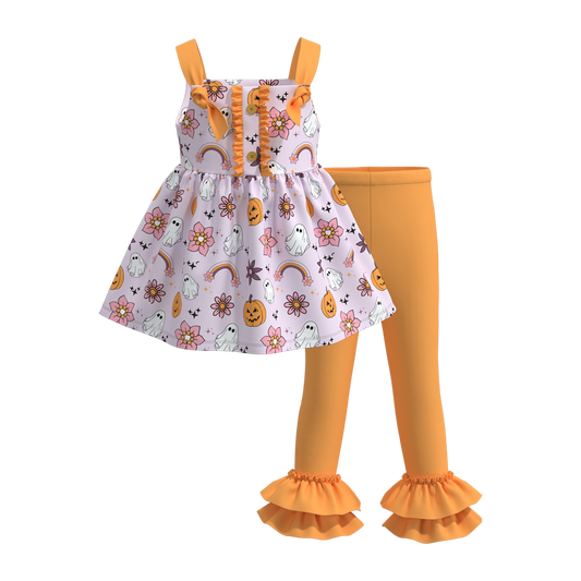 (Custom Design Preorder MOQ 5) Ghost Pumpkin Flowers Tunic Top Orange Pants Girls Halloween Clothes Set