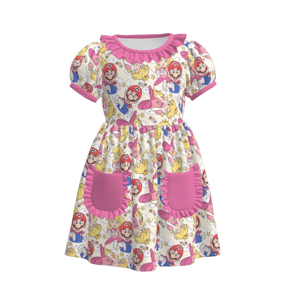 (Custom Design Preorder MOQ 5) Cartoon Games Princess Print Pockets Girls Summer Knee Length Dress