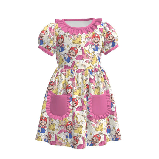 (Custom Design Preorder MOQ 5) Cartoon Games Princess Print Pockets Girls Summer Knee Length Dress