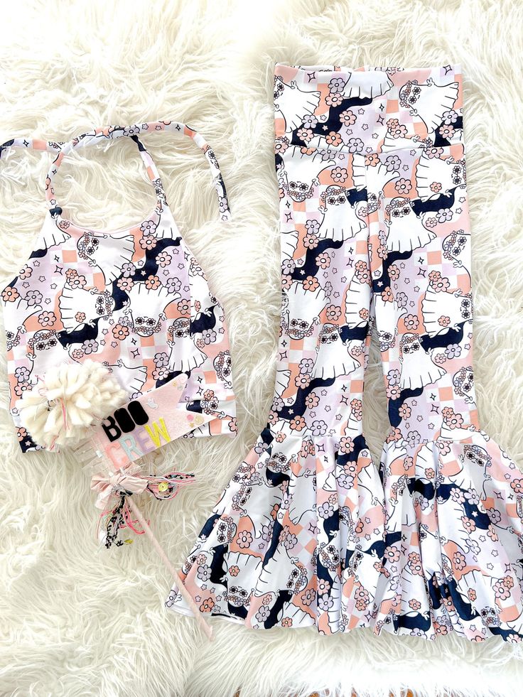 (Custom Design Preorder MOQ 5) Flowers Ghost Halter Top Bell Pants Girls Halloween Clothes Set