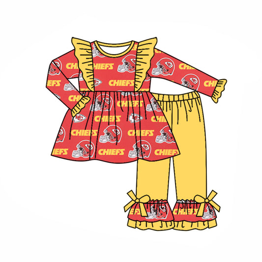 (Custom Design Preorder MOQ 5) Team's KC Red Tunic Top Yellow Ruffle Pants Girls Fall Clothes Set