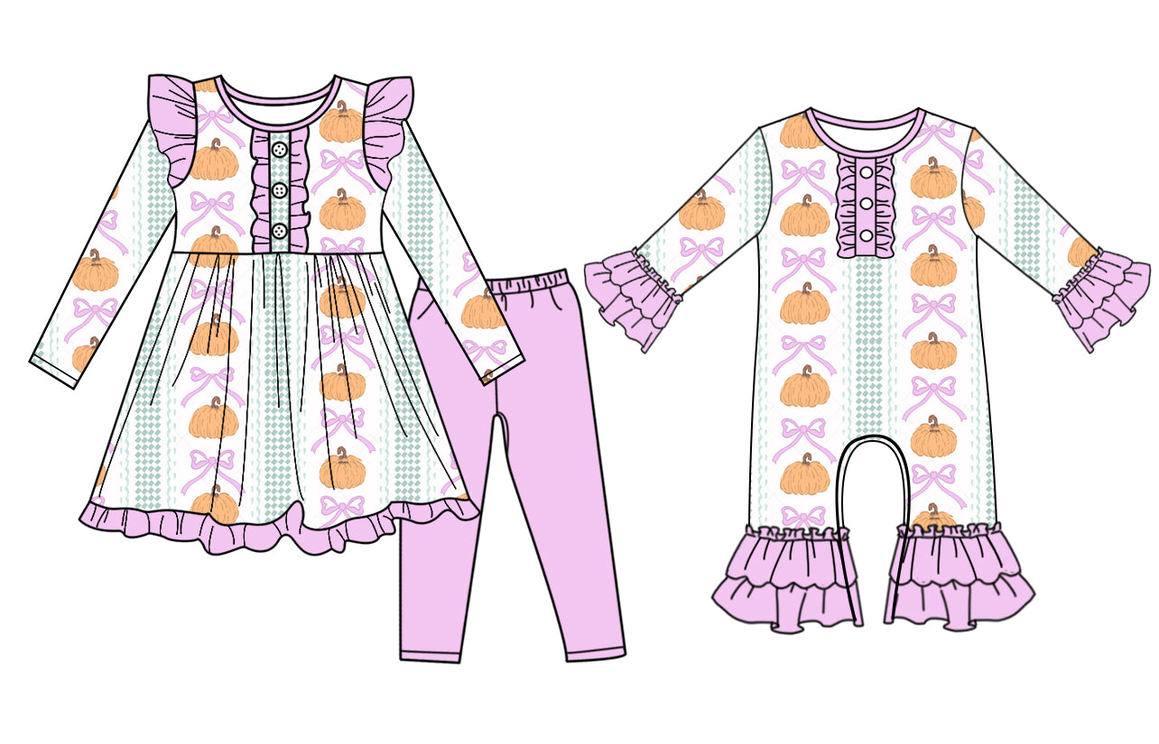 7.1(Custom Design Preorder MOQ 5 Each Design) Pumpkin Bows Print Girls Fall Matching Clothes Sisters Wear