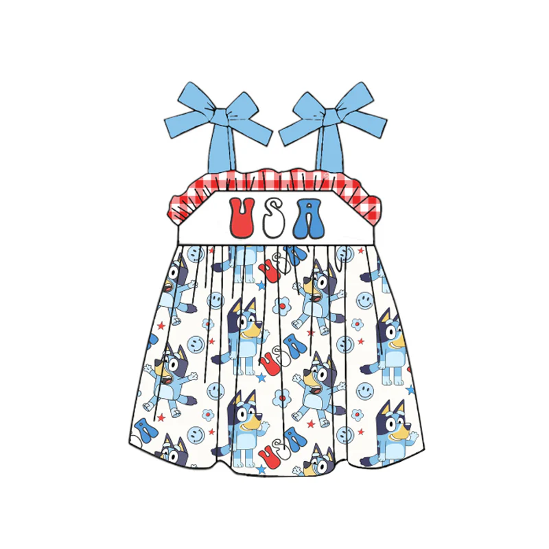 (Custom Design Preorder MOQ 5) Cartoon Dog Flag USA Print Girls Knee Length 4th of July Strap Dress