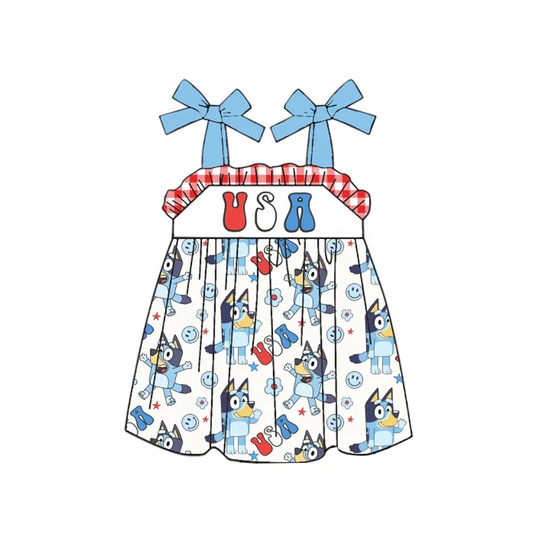 (Custom Design Preorder MOQ 5) Cartoon Dog Flag USA Print Girls Knee Length 4th of July Strap Dress