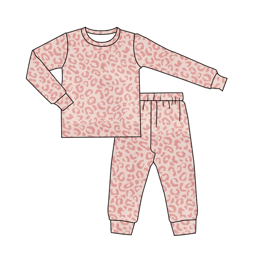 (Custom Design MOQ 5) Pink Leopard Kids Valentine's Pajamas Clothes Set