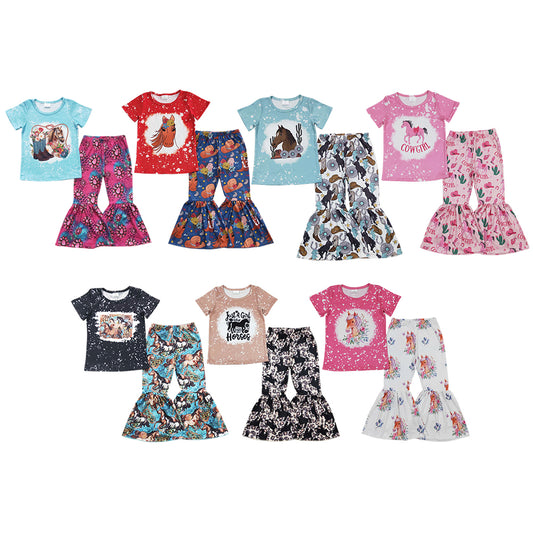 7 Colors Horse Western Print Bell Pants Girls Clothes Set