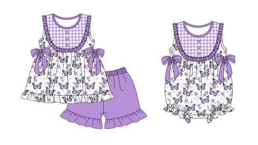 11.18(Custom Design Preorder MOQ 5 Each Design) Small Flowers Butterfly Purple Print Girls Summer Matching Clothes Sisters Wear