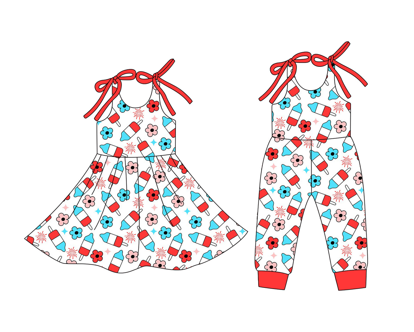 12.24 (Custom Design Preorder MOQ 5 Each Design) Popsicle Flowers Print Girls 4th of July Matching Clothes Sisters Wear