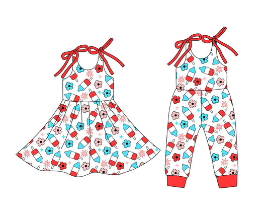 12.24 (Custom Design Preorder MOQ 5 Each Design) Popsicle Flowers Print Girls 4th of July Matching Clothes Sisters Wear