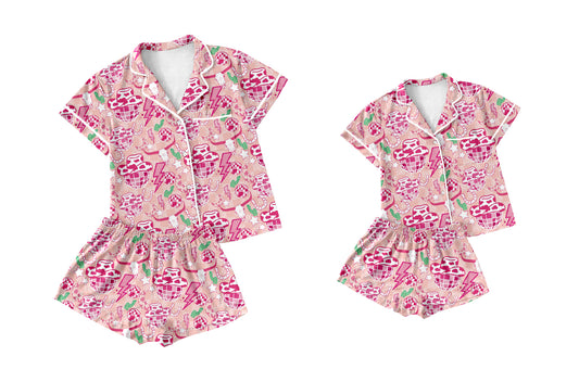 5.6(Custom Design Preorder MOQ 5 Each Design) Cow Skull Stars Pink Print Buttons Pajamas Sets Mom and Me Summer Western Matching Clothes
