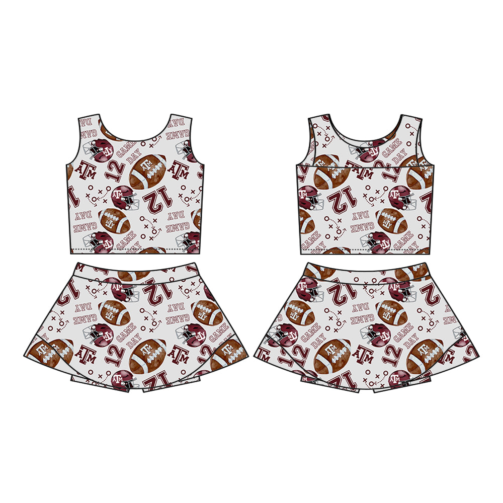(Custom Design Preorder MOQ 5) Team's Texas A&M Game Day Football Print Shorts Skirts Girls Summer Yoga Clothes Set