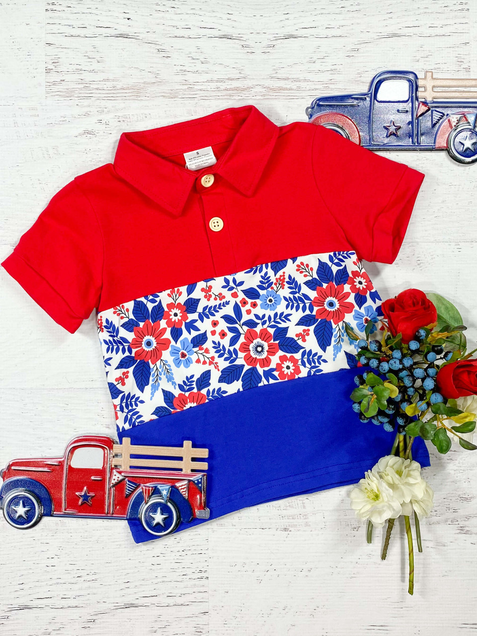 (Custom Design Preorder MOQ 5)  Flowers Print Boys 4th of July Polo Tee Shirts Top