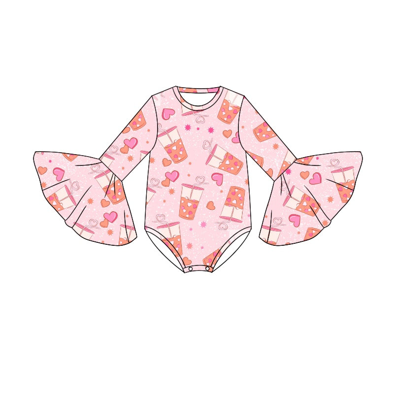 (Custom Design Preorder MOQ 5) Pink Heart Drinks Print Baby Girls Valentine's Romper