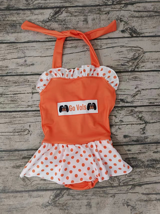 (Custom Design Preorder MOQ 5) Team's V Orange Polka Dot Print Girls 1 Piece Swimsuits