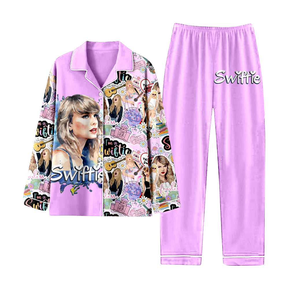 12.12(Custom Design Preorder MOQ 5) Singer Swiftie Pink Print Girls Buttons Pajamas Clothes Set