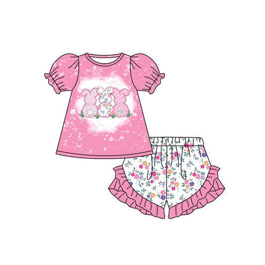 (Custom Design Preorder MOQ 5) Cute Pink Flowers Bunny Shorts Girls Easter Clothes Set