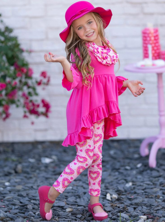 (Custom Design MOQ 5)  Hot Pink Tunic Top Heart Legging Pants Girls 3 Pieces Valentine's Clothes set