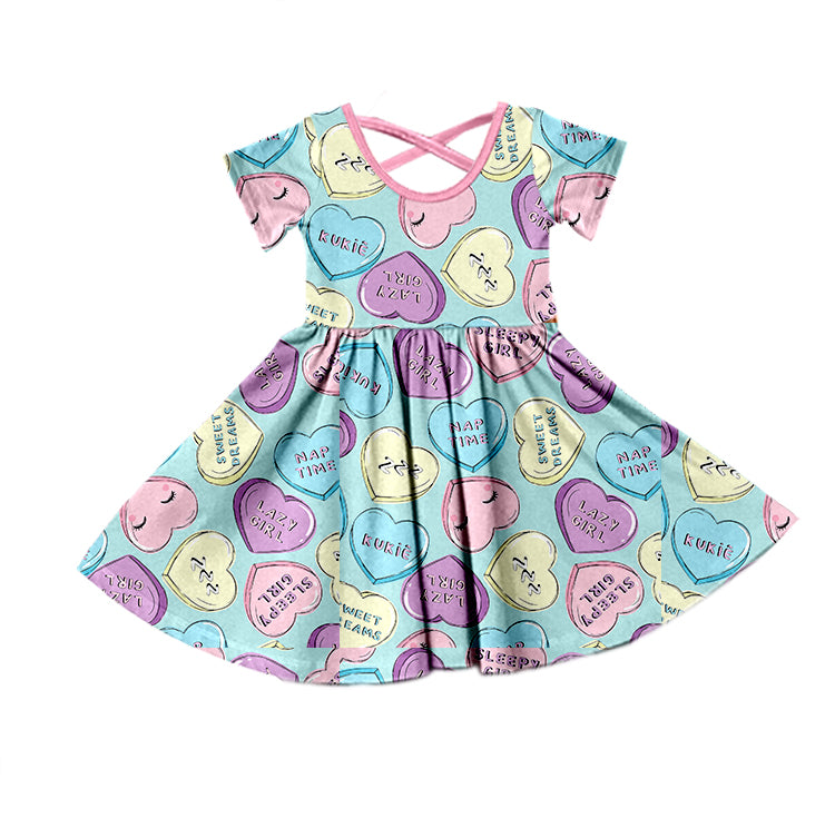 (Custom Design Preorder MOQ 5) Blue Heart Girls Valentine's Knee Length Dress