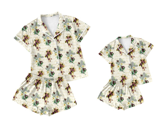 11.29(Custom Design Preorder MOQ 5 Each Design) Cross Flowers Print Buttons Pajamas Sets Mom and Me Easter Matching Clothes