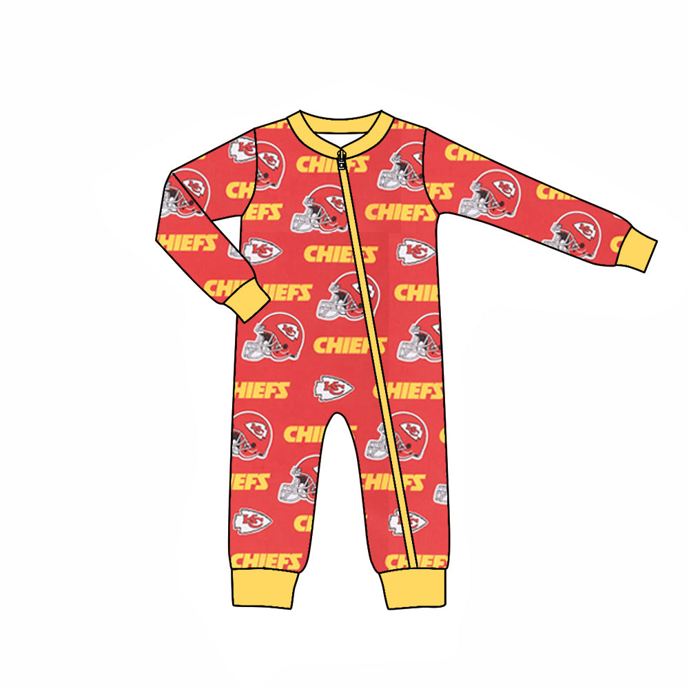 (Custom Design Preorder MOQ 5)  Team's KC Red Yellow Print Baby Boys Fall Sleeper Zipper Romper