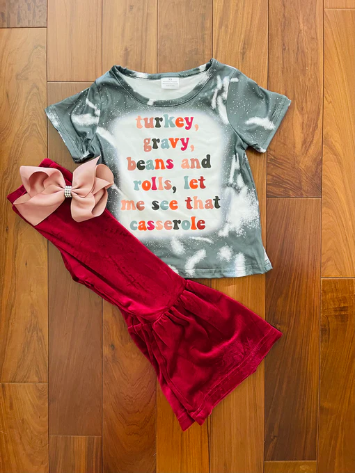 (Custom Design Preorder MOQ 5) Turkey Gravy Top Red Velvet Pants Girls Thanksgiving Clothes Set