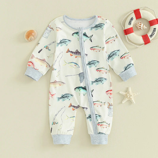 (Custom Design Preorder MOQ 5)  Fish Print Baby Boys Bamboo Sleeper Zipper Romper