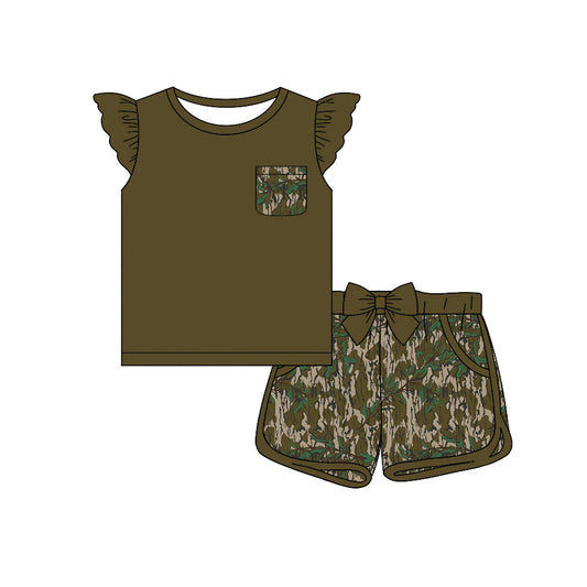 (Custom Design Preorder MOQ 5) Camo Branch Print Girls Summer Clothes Set