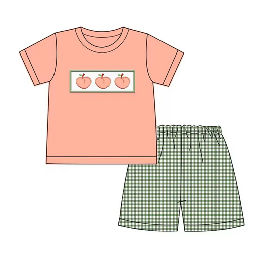 (Custom Design Preorder MOQ 5)  Peach Top Green Plaid Shorts Boys Clothes Set