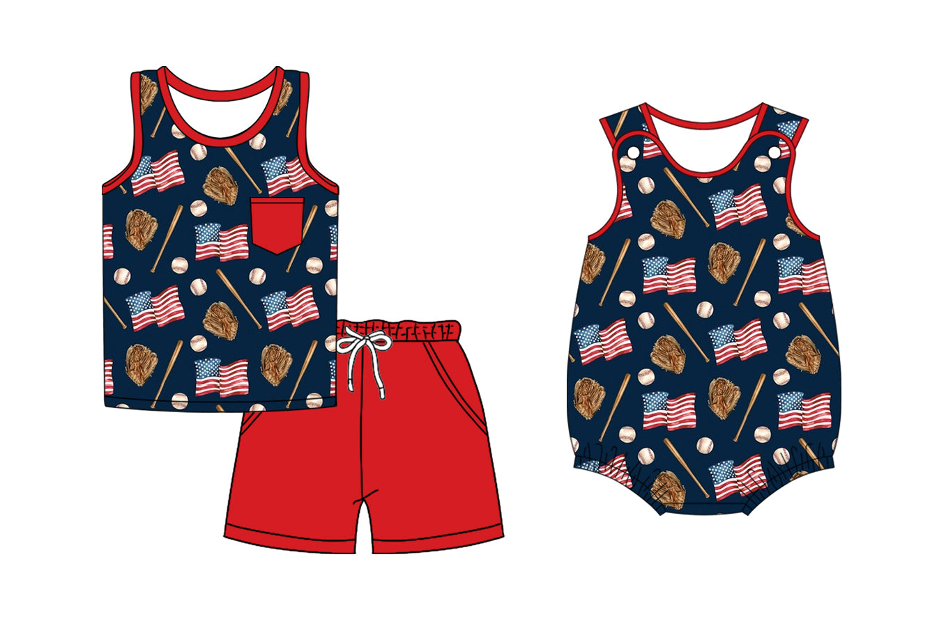 2.24(Custom Design Preorder MOQ 5 Each Design) Flag Baseball Print Boys 4th of July Matching Clothes Brothers Wear