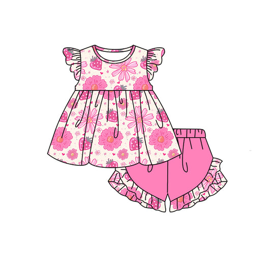 (Custom Design Preorder MOQ 5) Strawberry Flowers Top Bell Pants Girls Clothes Set