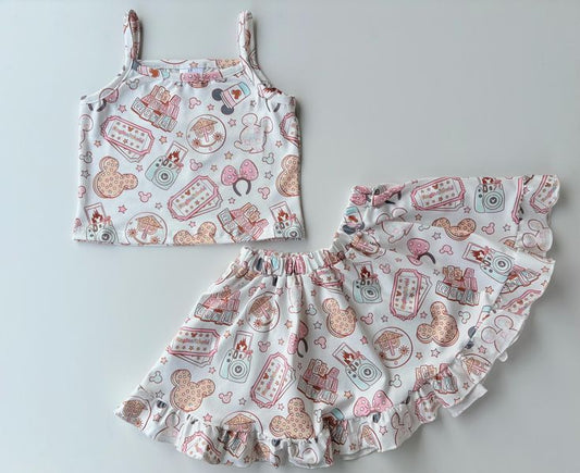 (Custom Design Preorder MOQ 5) Cartoon Mouse Print Girls Summer Skirts Clothes Set