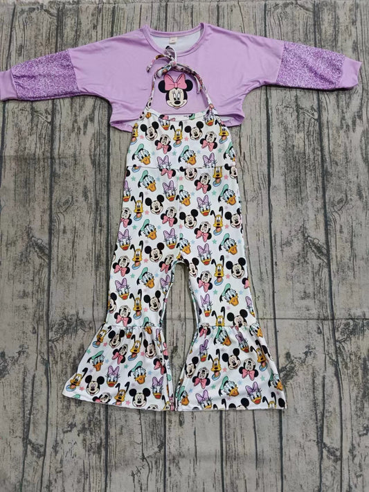 (Custom Design Preorder MOQ 3 ) Purple Top Cartoon Mouse Jumpsuits Girls Fall Clothes Set