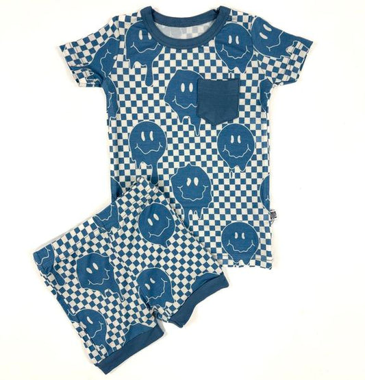 (Custom Design Preorder MOQ 5) Smiling Face Blue Plaid Print Boys Summer Pajamas Clothes Set