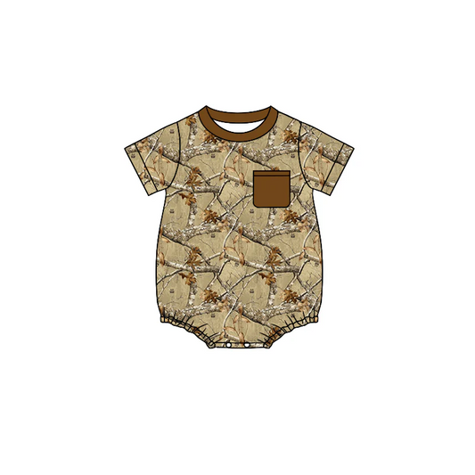 (Custom Design Preorder MOQ 5)  Branch Brown Print Baby Boys Summer Pocket Romper