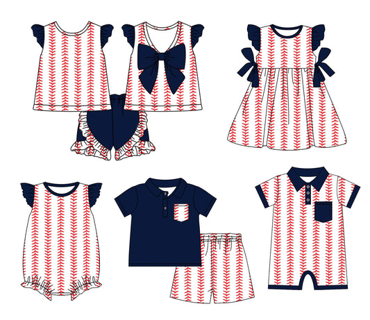 12.11(Custom Design Preorder MOQ 5 Each Design) Baseball Navy Print Kids Summer Matching Clothes Sibling Wear