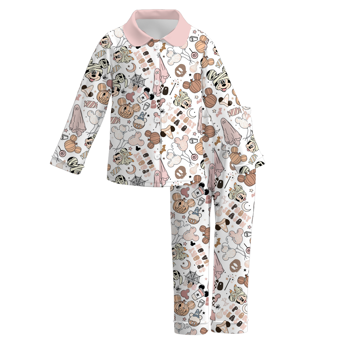 (Custom Design Preorder MOQ 5)  Cartoon Mouse Print Girls Halloween Buttons Pajamas Clothes Set