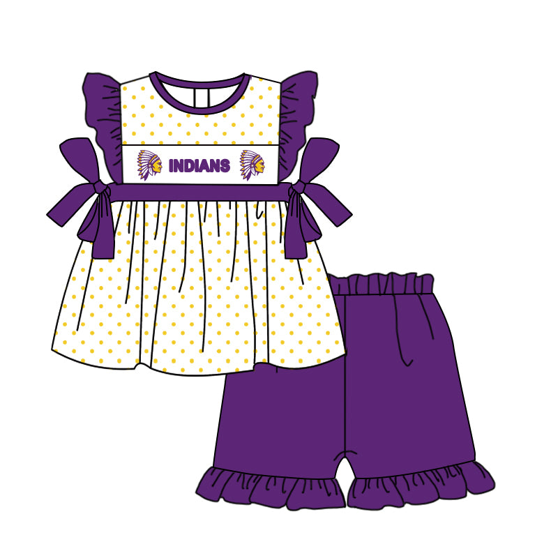 (Custom Design Preorder MOQ 5) Team's Indians Purple Print Girls Summer Clothes Set