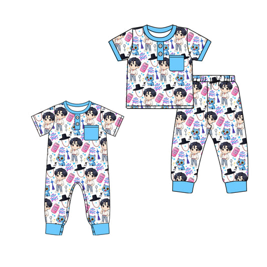 (Custom Design Preorder MOQ 5 Each Design) Cartoon Demon Movie Stars Blue Print Boys Matching Clothes Brothers Wear