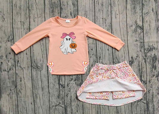 (Pre-order)GLD1174 Ghost Pumpkin Bows Top Leopard Skirts Shorts Girls Halloween Clothes Set