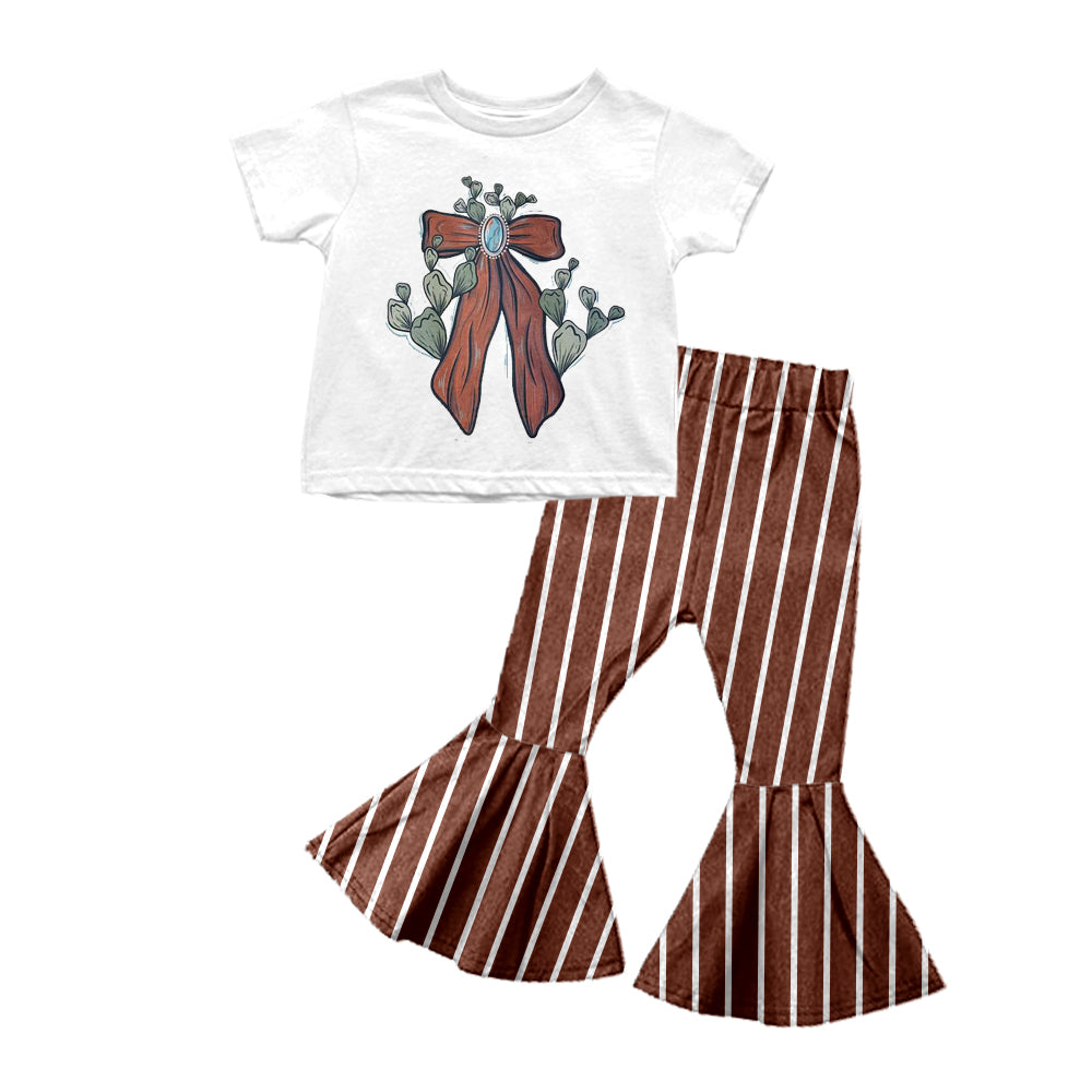 (Custom Design Preorder MOQ 5) Cactus Brown Bow Top Stripes Bell Pants Girls Western Clothes Set