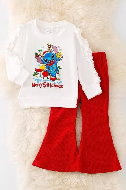 (Custom Design Preorder MOQ 5) Cartoon Animals Top Red Pants Girls Christmas Clothes Set