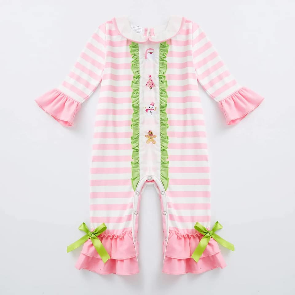 (Custom Design Preorder MOQ 5) Santa Gingerbread Pink Stripes Print Baby Girls Christmas Romper