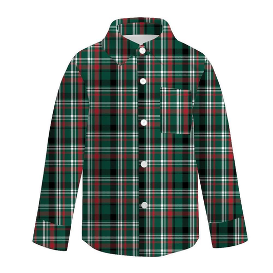 (Custom Design Preorder MOQ 5 ) Green Plaid Print Boys Christmas Long Sleeve Tee Shirts Top