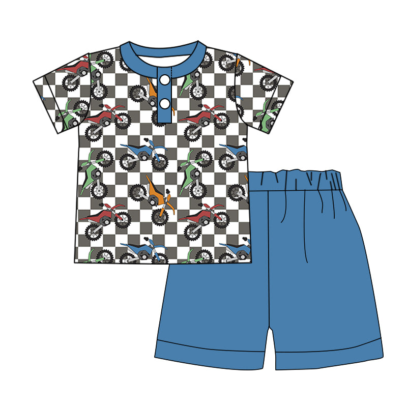 3.13(Custom Design Preorder MOQ 5) Motorbike Polo Top Blue Shorts Girls Summer Clothes Set