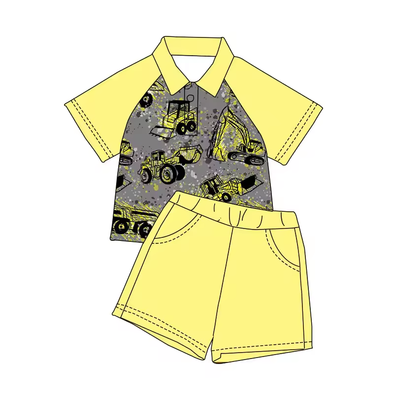 (Custom Design Preorder MOQ 5)  Digger Polo Top Yellow Shorts Boys Summer Clothes Set