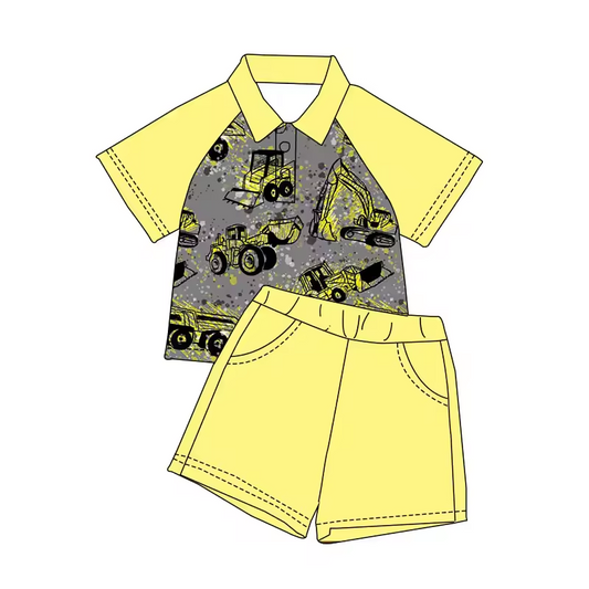 (Custom Design Preorder MOQ 5)  Digger Polo Top Yellow Shorts Boys Summer Clothes Set