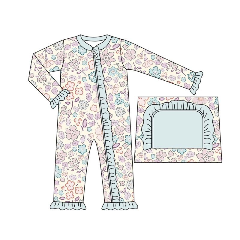 (Custom Design Preorder MOQ 5) Flowers Print Baby Girls Spring Sleeper Zipper Romper