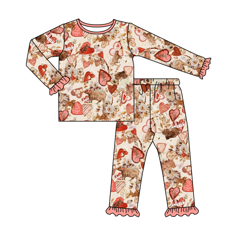 (Custom Design Preorder MOQ 5) Highland Cow Heart Print Girls Pajamas Clothes Set